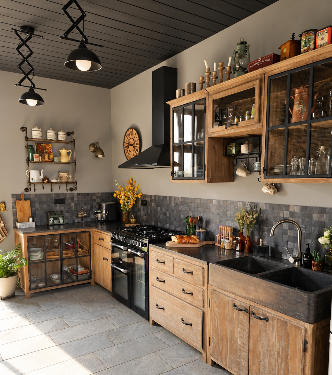 Cuisine de style campagne avec meubles en bois, murs peints en teinte claire, crédence en petits carreaux gris et plafond sombre.