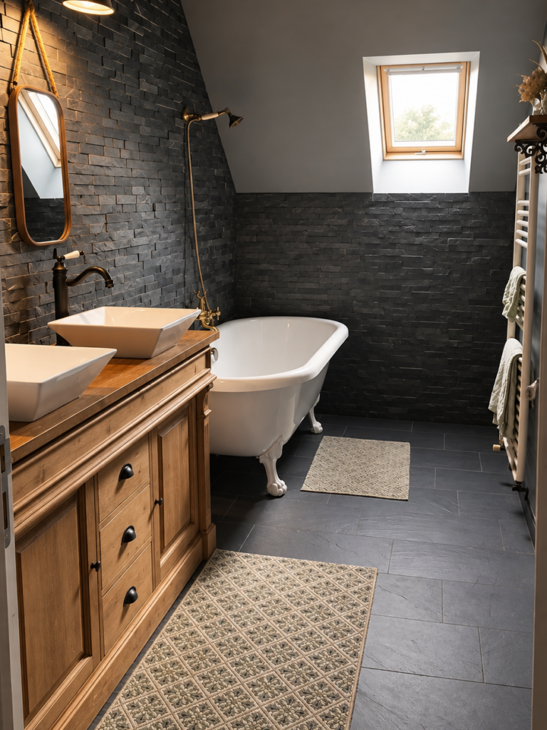 Mes prestations Salle de bain avec revêtement mural gris effet pierre, baignoire ancienne blanche sur pied et meuble vasque en bois naturel.
