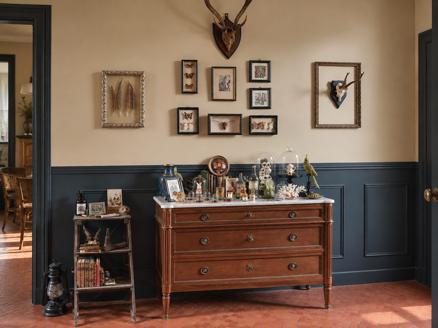 Accueil Décoration intérieure avec soubassement mural à moulures peint en bleu gris, murs clairs et mobilier ancien en bois.