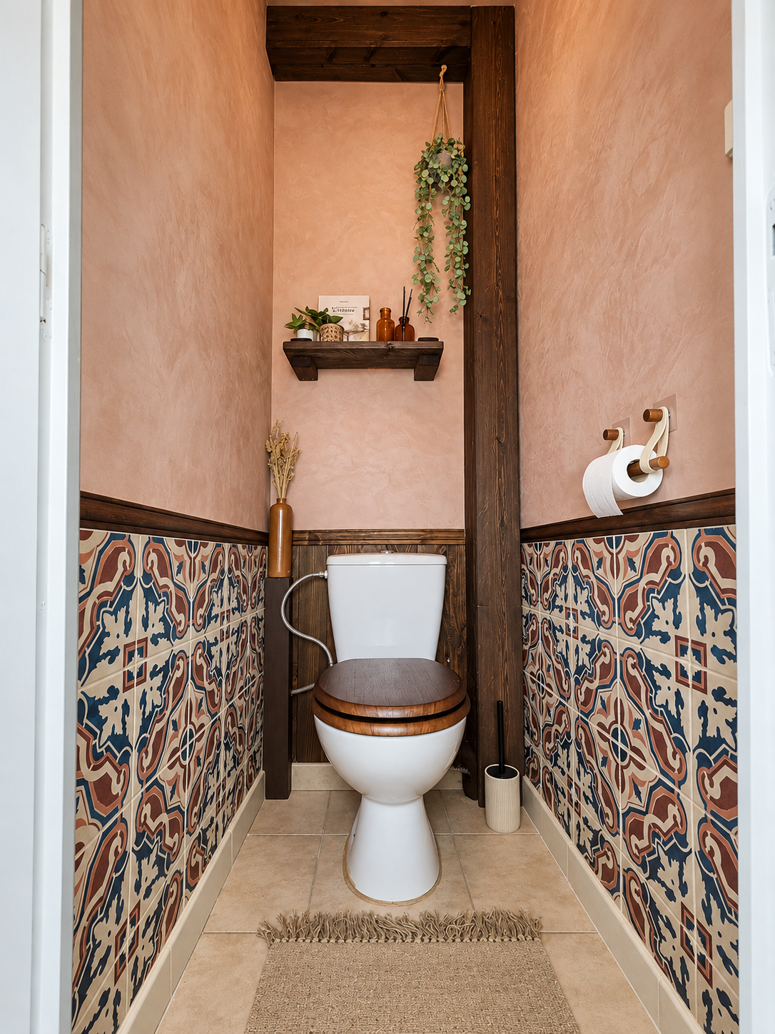 Rénovation de toilettes avec imitation de carreaux de ciment peints à la main, enduit mural terracotta et décoration intérieure.
