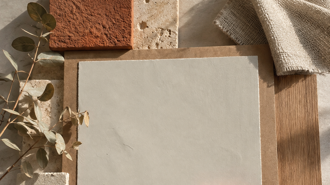 Accueil Moodboard de matières et textures naturelles aux teintes beige, brun et terracotta, accompagné de végétaux séchés.
